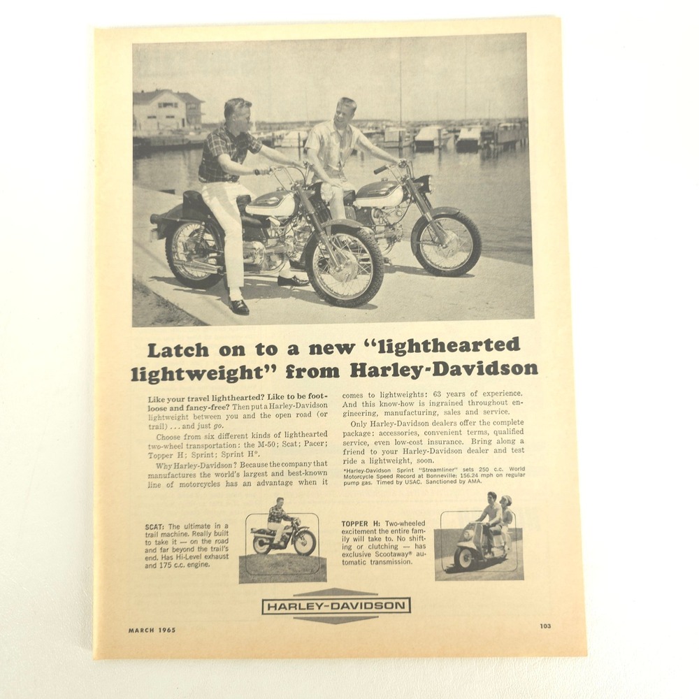 Harley-Davidson M-50 Print Ad Scat Pacer Topper Sprint Vintage Motorcycle Decor